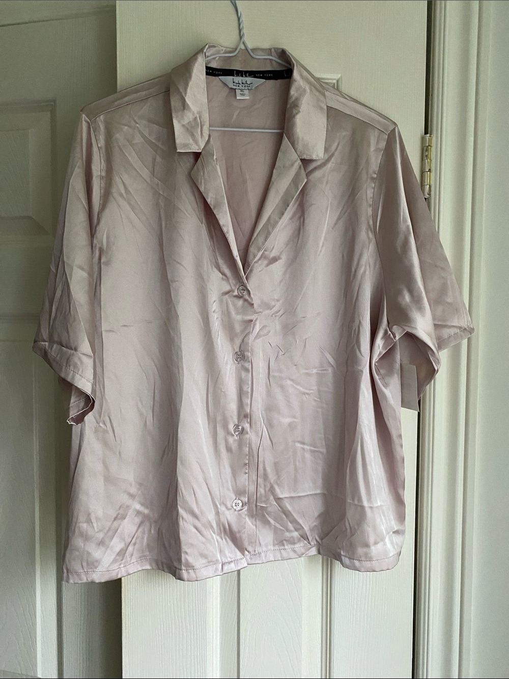 Nicole Miller Blush Satin Short Sleeve  Button-Front Resort or PJ Top